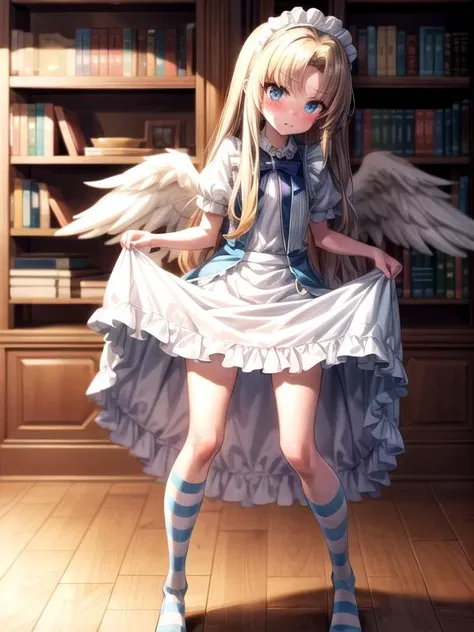 room, bookshelf, books
standing straight, full body, blush, sulking
<lora:filo:0.8> filo in maid outfit and striped legwear, solo, long hair, blue eyes, parted bangs, one pair of wings, looking at viewer, skirt lift, <lora:add_detail:1>