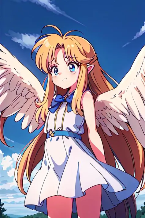 1girl, heaven, pearly gates, god rays, 80's anime style, <lora:filoTateNoYuusha_v10:0.5> filo, clouds, mist
upper body, filo, 1girl, solo, embarrassed, closed mouth, white wings, hite dress, blue bow, long hair, blue eyes, looking at viewer, parted bangs, bent over, arms behind back, <lora:filo2-05:0.9>, claymation