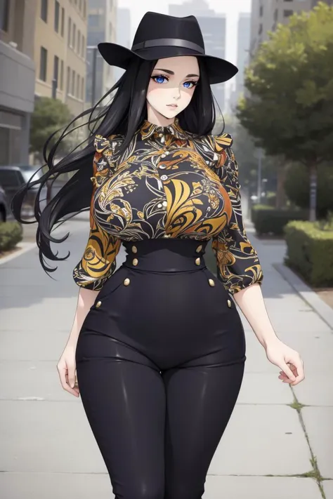 office, full body, woman, black hair and a perfect, voluptuous body, captured in full view. she wears dark eyeliner, HUD_Gth_Wrk, hat, pants, buttons, patterned shirt, <lora:HUD_Gth_Wrk:0.7>