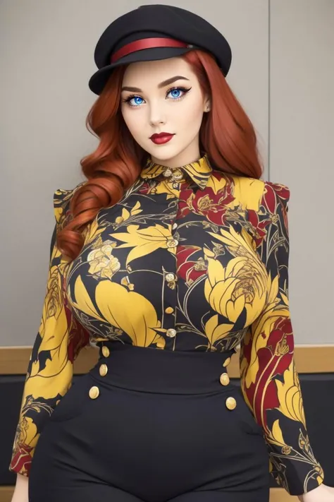 office, portrait, woman, victory roll red hair and a perfect, voluptuous body, captured in full view. she wears dark eyeliner, HUD_Gth_Wrk, hat, pants, buttons, black red and yellow patterned shirt, <lora:HUD_Gth_Wrk:0.75>
