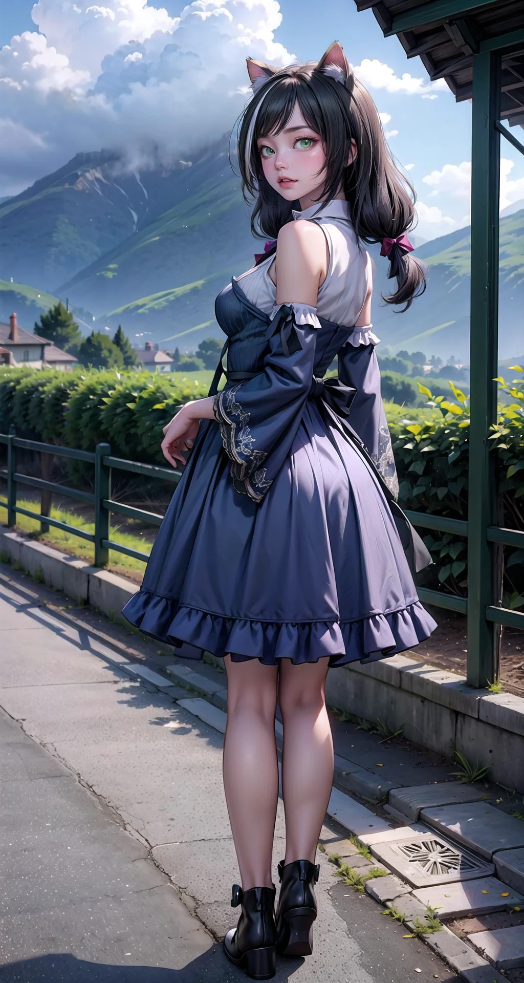 realistic1.49,photorealistic:1.49,film grain:0.4,
(masterpiece),(intricate details),1girl,mature female,pale skin,huge breasts:1.49
BREAK
karyl, <lora:karyltest:1>, BREAK karyl, animal ear fluff, animal ears, black hair, black ribbon, cat ears, cat girl, cat tail, fang, (green eyes:1.5), hair bow, long hair, low twintails, multicolored hair, purple bow, ribbon, skin fang, streaked hair, tail, twintails, vertical stripes, white hair, BREAK arm support, bare shoulders, blue sleeves, bow, brooch, detached sleeves, dress, frilled sleeves, frills, multicolored clothes, multicolored dress, neck ribbon, sleeveless, sleeveless dress, striped|
BREAK
day,sun,rainbow,((cumulonimbus)),((walking on the anywhere)),
((full body)),from behind:1.2,depth of field,looking at viewer