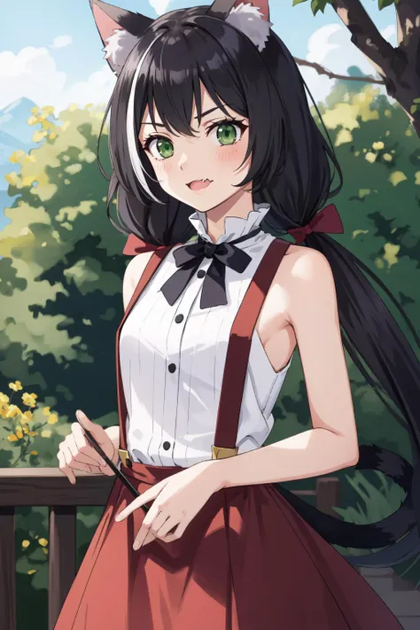 (masterpiece, best quality), intricate details,
<lyco:GoodHands-beta2:0.8>
1girl, <lora:karyltest:0.8> karyl, animal ear fluff, animal ears, black hair, black ribbon, cat ears, cat girl, cat tail, fang, (green eyes:1.5), hair bow, long hair, low twintails, multicolored hair, purple bow, ribbon, skin fang, streaked hair, tail, twintails, vertical stripes, white hair,
<lora:attire_nakedsuspenders:0.8> naked suspenders, topless,