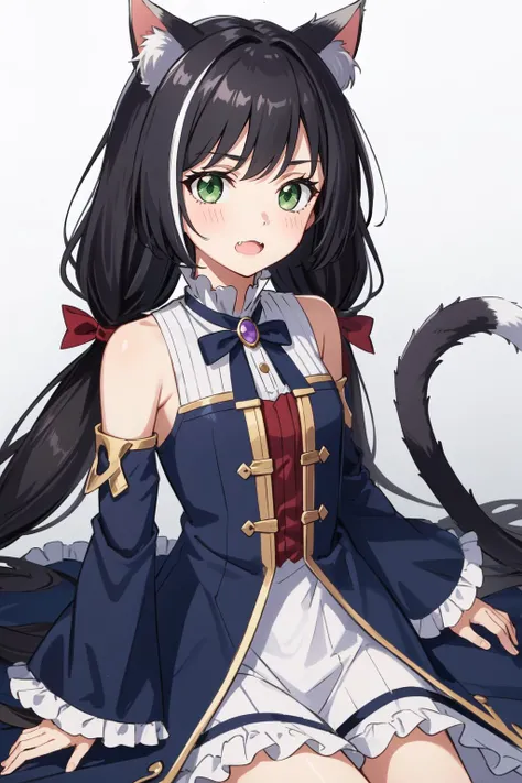 (masterpiece, best quality),  intricate details,
<lyco:GoodHands-beta2:0.8>
1girl,   <lora:karyltest:0.8> karyl, animal ear fluff, animal ears, black hair, black ribbon, cat ears, cat girl, cat tail, fang, (green eyes:1.5), hair bow, long hair, low twintails, multicolored hair, purple bow, ribbon, skin fang, streaked hair, tail, twintails, vertical stripes, white hair, arm support, bare shoulders, blue sleeves, bow, brooch, detached sleeves, dress, frilled sleeves, frills, multicolored clothes, multicolored dress, neck ribbon, sleeveless, sleeveless dress, striped,,