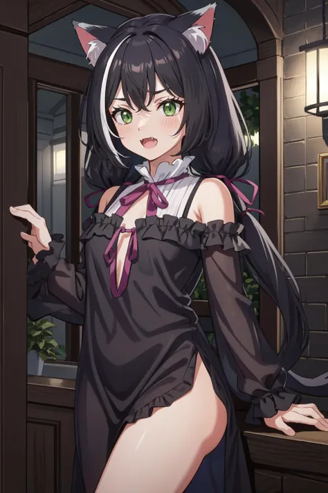 (masterpiece, best quality),  intricate details,
<lyco:GoodHands-beta2:0.8>
1girl,   <lora:karyltest:0.8> karyl, animal ear fluff, animal ears, black hair, black ribbon, cat ears, cat girl, cat tail, fang, (green eyes:1.5), hair bow, long hair, low twintails, multicolored hair, purple bow, ribbon, skin fang, streaked hair, tail, twintails, vertical stripes, white hair, 
 <lora:BlackNightgownLila:0.8> black nightgown,