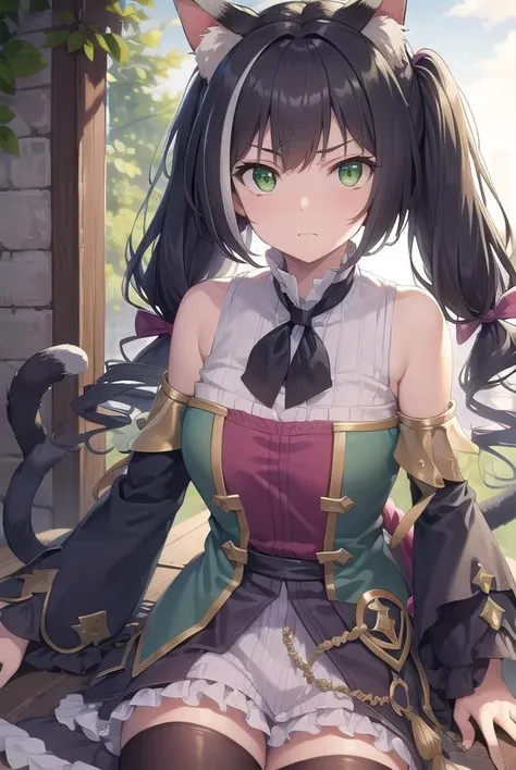 karyl, <lora:karyltest:1>, 
karyl, animal ear fluff, animal ears, black hair, black ribbon, cat ears, cat girl, cat tail, fang, (green eyes:1.5), hair bow, long hair, low twintails, multicolored hair, purple bow, ribbon, skin fang, streaked hair, tail, twintails, vertical stripes, white hair, (flat chest:1.2),
BREAK arm support, bare shoulders, blue sleeves, bow, brooch, detached sleeves, dress, frilled sleeves, frills, multicolored clothes, multicolored dress, neck ribbon, sleeveless, sleeveless dress, striped,,
BREAK looking at viewer,
BREAK outdoors, city,
BREAK <lora:GoodHands-vanilla:1>, (masterpiece:1.2), best quality, high resolution, unity 8k wallpaper, (illustration:0.8), (beautiful detailed eyes:1.6), extremely detailed face, perfect lighting, extremely detailed CG, (perfect hands, perfect anatomy),