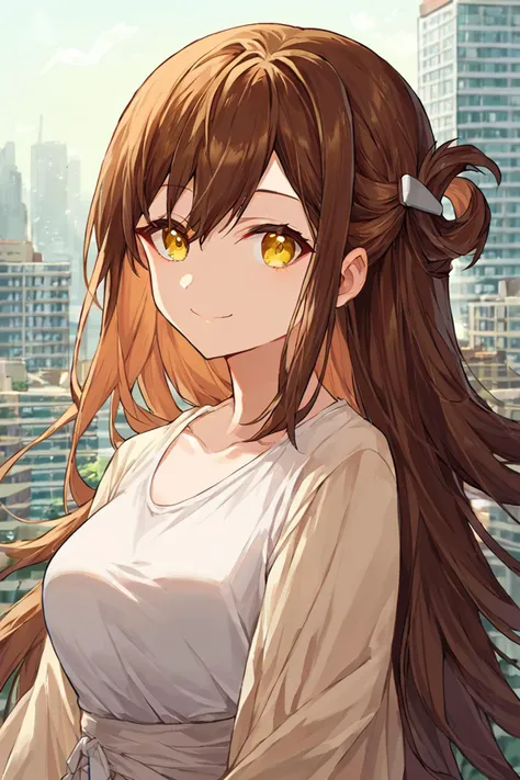 score_9, score_8_up, score_7_up, source_anime BREAK 1girl, solo, <lora:gakkou_yuri:0.9>, gakkou_yuri, casual fashion, brown hair, long hair, folded hair, hair ornament, yellow eyes, looking at you, smile, city landscape