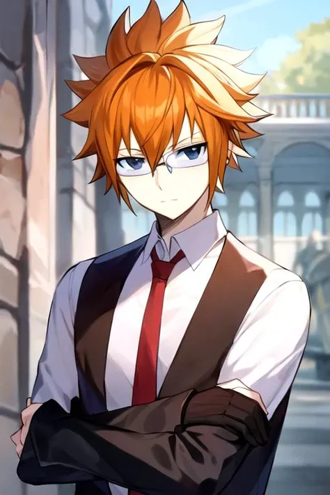 masterpiece, best quality, , 1boy, solo, male focus, looking at viewer, upper body, depth of field, ligne claire, , <lora:loki_fairy_tail:0.76>, loki_fairy_tail, orange hair, black eyes, glasses, , , world war 2,