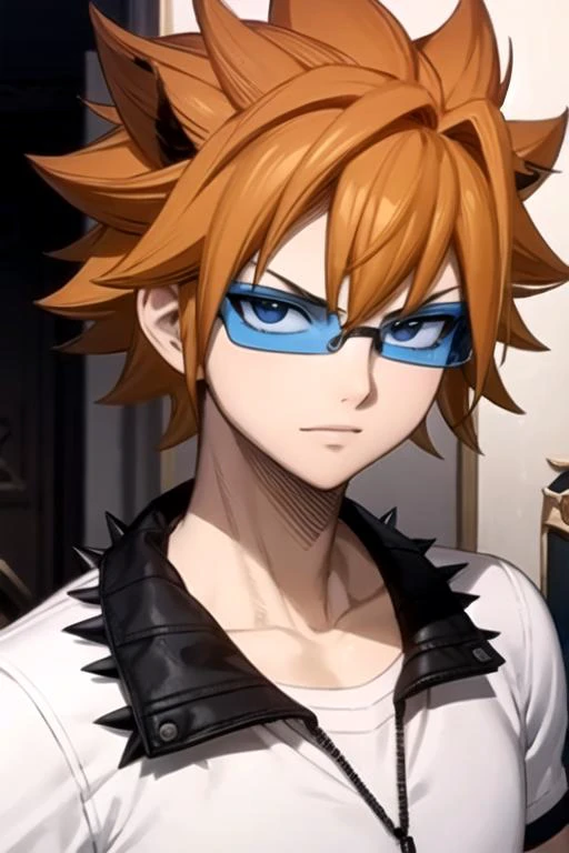 masterpiece, best quality, game cg, 1boy, solo, male focus, looking at viewer, , depth of field, ligne claire, , <lora:loki_fairy_tail:0.76>, loki_fairy_tail, orange hair, black eyes, , spiked hair, psycho costume, ,