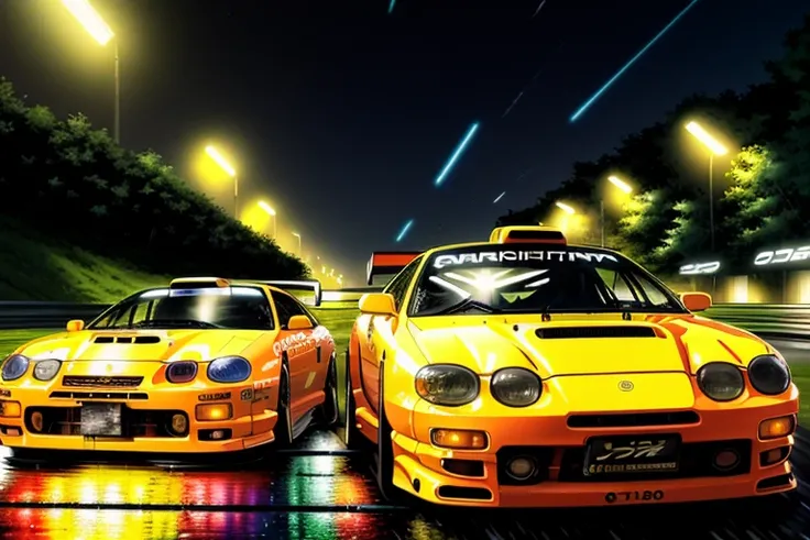 masterpiece,best quality,official art,extremely detailed CG unity 8k wallpaper,illustration, ((TUNED RALLY car)), bright, sports car, vehicle focus, road, ((need for speed)),((NFS)), moving, wet, (((NIGHT))),neon lights,drift, <lora:CELICA6:0.8>, (CELICA6) <lora:urushisato:1> ((urushisato))