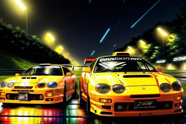 masterpiece,best quality,official art,extremely detailed CG unity 8k wallpaper,illustration, ((TUNED RALLY car)), bright, sports car, vehicle focus, road, ((need for speed)),((NFS)), moving, wet, (((NIGHT))),neon lights,drift, <lora:CELICA6:0.8>, (CELICA6) <lora:urushisato:1> ((urushisato))