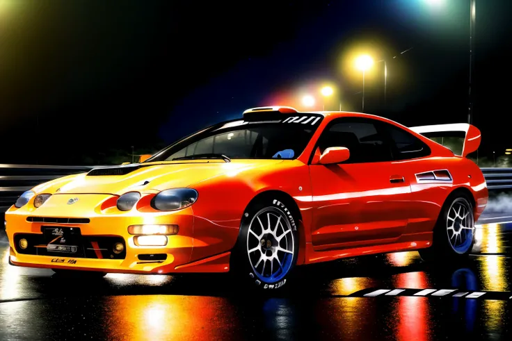 masterpiece,best quality,official art,extremely detailed CG unity 8k wallpaper,illustration, ((TUNED RALLY car)), bright, sports car, vehicle focus, road, ((need for speed)),((NFS)), moving, wet, (((NIGHT))),neon lights,drift,  <lora:CELICA6:0.8>, (CELICA6) <lora:urushisato:1> ((urushisato))