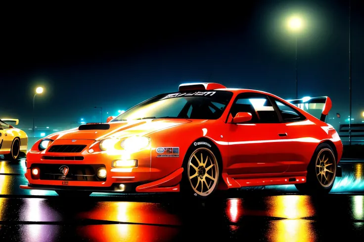 masterpiece,best quality,official art,extremely detailed CG unity 8k wallpaper,illustration, ((TUNED RALLY car)), bright, sports car, vehicle focus, road, ((need for speed)),((NFS)), moving, wet, (((NIGHT))),neon lights,drift,  <lora:CELICA6:0.8>, (CELICA6) <lora:urushisato:0.8> urushisato