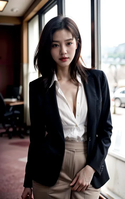RAW photo, eye level, Photorealistic, realistic skin texture, standing, relaxed, 1girl, (very pretty woman, elegant woman:1.2), (asian woman:1.2), (Ulzzangs:1.3), (pureerosface_v1:1.2), hime haircut, long hair, office suit, shirt, jacket, skirt, cleavage, hard shadows, cinematic shot, dramatic lighting, perfect eyes, by lee jeffries, nikon d850, film stock photograph, 4 kodak portra 400, rich colors, hyper realistic, lifelike texture, dramatic lighting, cinestill 800, Perfect hand, Detailed hand, <lora:Hand v3 SD1.5:1>