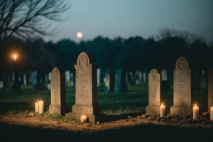 a photo of an old graveyard, at night, grave candles, dust, RAW, Nikon z 85mm, analog style, Award Winning Photograph, high detailed skin, skin details, best quality, 8k,sharp focus, subsurface scattering, modelshoot style, analog style, dramatic lighting