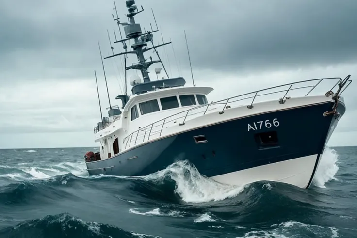 a photo of an a boat in heavy sea, RAW, Nikon z 85mm, analog style, Award Winning Photograph, high detailed skin, skin details, best quality, 8k,sharp focus, subsurface scattering, modelshoot style, analog style, dramatic lighting