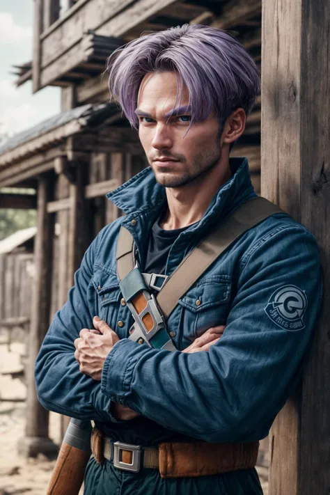 RAW photo of boy 25 y.o, trunks \(dragon ball\), (high detailed skin:1.2), cowboy shot, solo, male focus, expressionless, closed mouth, looking at viewer, crossed arms, purple hair, blue eyes, jacket, shirt, pants, sword, small details, photorealistic, ultra-realistic photo, 8k uhd, dslr, soft lighting, high quality, film grain, Fujifilm XT3, ((masterpiece)), 8k, HDR, highly detailed, professional <lora:dbz_trunks-10:1> <lora:add_detail:1>