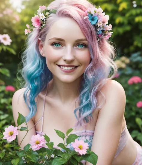 Beautiful portrait photography of a young woman in her garden, flower in her hair, gradient blue - pink hair, green eyes, smiling, ultra realistic, professional shot, beautiful, realistic, 4k, ultra detailed, intricate