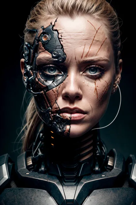 RAW photo, hyper-realistic, Generate a realistic image inspired by the Terminator franchise, depicting the face of a battle-damaged female cybernetic organism. The face is divided into two halves: on the left side, the visage appears to be that of a resilient woman, with lifelike skin,highly detailed eyes and skin, delicate features, and signs of determination. On the right side, however, the illusion of humanity is shattered, revealing the exposed, damaged exoskeleton beneath the surface of the skin.
Render the human side of the face with meticulous attention to detail, capturing the intensity and grit of a battle-hardened warrior. Utilize high-resolution textures to depict the resilient skin, portraying a mix of determination, sweat, and possibly a few battle scars. Enhance the realism by incorporating dynamic lighting techniques that emphasize the character's determination and strength, casting shadows that add depth and intensity to the facial expression.
On the damaged robotic side, reveal a combination of damaged and torn skin that exposes the metallic exoskeleton beneath. The skin should appear to be peeling or partially torn, revealing the intricate machinery situated beneath it. Employ advanced AI rendering techniques to bring out the details of the exposed exoskeleton, showcasing the battle-inflicted scars, ruptured joints, and sparks of malfunctioning circuitry. The metallic exoskeleton should be positioned deeper within the face, conveying the sense that it resides beneath the torn skin.
Create a contrast between the warm, human side and the cold, damaged robotic side by utilizing a lighting scheme that highlights the stark divide between organic and artificial elements. Experiment with lighting angles to accentuate the battle damage and provide depth to the damaged robotic side. Use orange lighting on the damaged side to create an otherworldly and menacing atmosphere, while also highlighting the exposed exoskeleton beneath the torn skin.
In the background, incorporate a dystopian environment that further enhances the sense of destruction and battle. Utilize smoky atmospheres, crumbling structures, or shattered remnants of technology to reinforce the theme. This backdrop will enhance the overall atmosphere and convey a post-apocalyptic setting.
Ensure that the final image effectively portrays the resilience and battle-worn nature of the female Terminator, juxtaposing the vulnerability of human skin with the exposed exoskeleton beneath the damaged surface. The attention to detail, realistic rendering, and careful lighting techniques, including the use of torn skin and the placement of the exoskeleton deeper within, will contribute to a visually captivating and immersive representation of the battle-damaged female Terminator's face.
<lora:add_detail:1.5> <lora:bhands-neg:1> <lora:Noiseoffset:0.5>