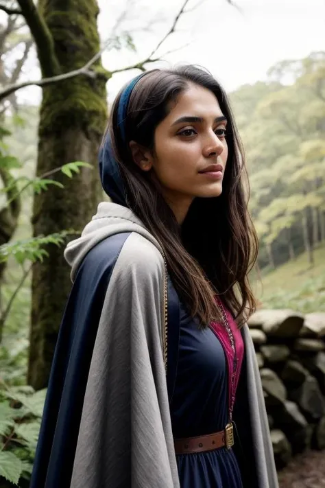 young woman, (kkw-Indian:0.6), cinematic, color grading, grain, grainy, imperfect skin, acne, depth of field, bokeh, nikon, <lora:Better Portrait Lighting:0.3>, <lora:epiCRealismHelper:0.3>, warm colors, dynamic pose, looking up, solo, upper body, detailed background, detailed face, forest ranger, light smile, dynamic pose, medieval fantasy setting, high fantasy, gray leather clothes, cape, gloves, hood, pouch, straps, enchanted forest, bushes, stones, roots, leaves, (butterflies:0.9), wildlife, (snow:0.7), dynamic light