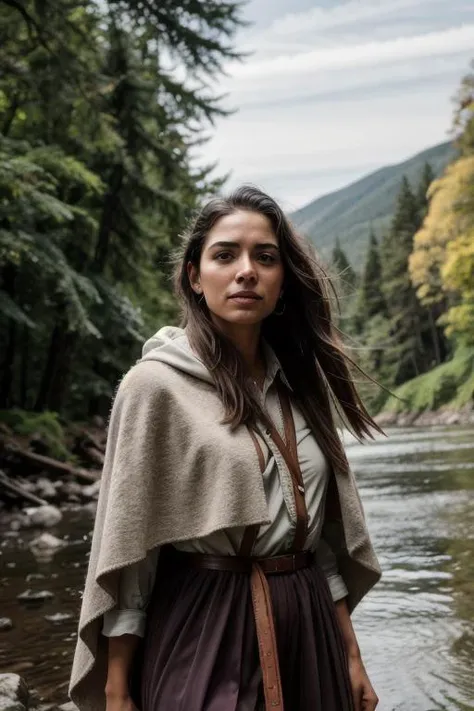 young woman with flowers braided in her hair walking by a river, (kkw-Indian:0.6), cinematic, color grading, grain, grainy, imperfect skin, acne, depth of field, bokeh, nikon, <lora:Better Portrait Lighting:0.3>, <lora:epiCRealismHelper:0.3>, warm colors, dynamic pose, looking up, solo, upper body, detailed background, detailed face, forest ranger, light smile, dynamic pose, medieval fantasy setting, high fantasy, gray leather clothes, cape, gloves, hood, pouch, straps, wildlife, (snow:0.7), dynamic light, shaman