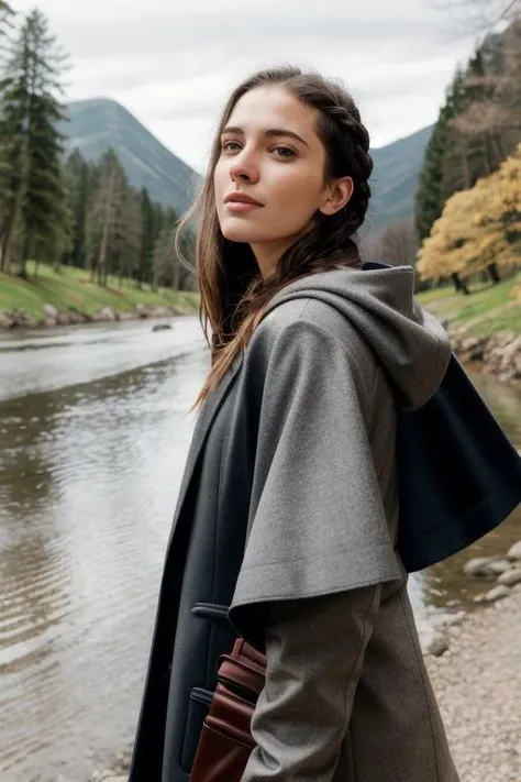 young woman with flowers braided in her hair walking by a river, (kkw-Indian:0.6), cinematic, color grading, grain, grainy, imperfect skin, acne, depth of field, bokeh, nikon, <lora:Better Portrait Lighting:0.3>, <lora:epiCRealismHelper:0.3>, warm colors, dynamic pose, looking up, solo, upper body, detailed background, detailed face, forest ranger, light smile, dynamic pose, medieval fantasy setting, high fantasy, gray leather clothes, cape, gloves, hood, pouch, straps, wildlife, (snow:0.7), dynamic light, shaman, skipping stones by a river, sharp focus, beautiful