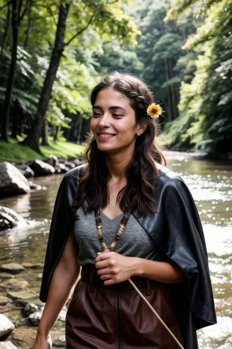 young woman with flowers braided in her hair walking by a river, (kkw-Indian:0.6), cinematic, color grading, grain, grainy, imperfect skin, acne, depth of field, bokeh, nikon, <lora:Better Portrait Lighting:0.3>, <lora:epiCRealismHelper:0.3>, warm colors, dynamic pose, looking up, solo, upper body, detailed background, detailed face, forest ranger, light smile, dynamic pose, medieval fantasy setting, high fantasy, gray leather clothes, cape, gloves, hood, pouch, straps, wildlife, (snow:0.7), dynamic light, shaman, skipping stones by a river, sharp focus, beautiful