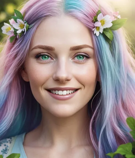 Beautiful portrait photography of a young woman in her garden, flower in her hair, gradient blue - pink hair, green eyes, smiling, ultra realistic, professional shot, beautiful, realistic, 4k, ultra detailed, intricate