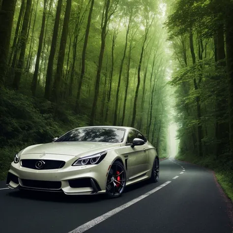 Photography, luxurious car, car, drifting in a road, forest background, realistic, photo, 4k, professional photography, epic, intense, 4k, beautiful
