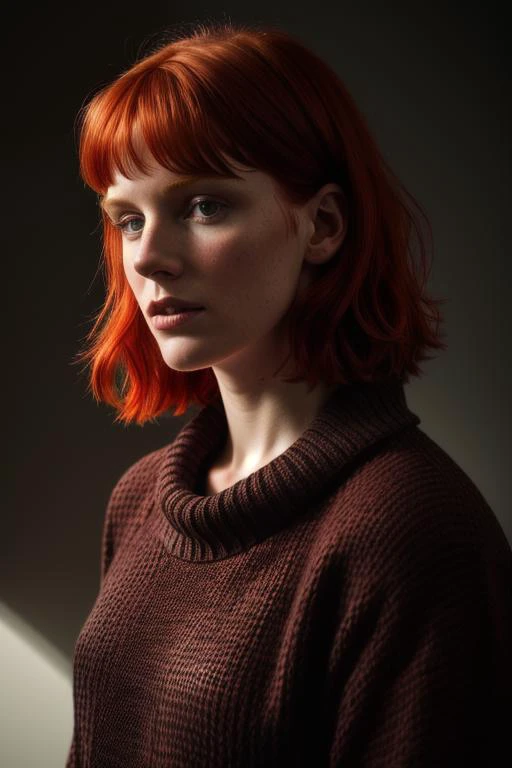RAW photo of Muirgheal MacCarrick with sweater, red hair, Photorealistic, Hyperrealistic, Hyperdetailed, low cut, detailed skin, soft lighting, subsurface scattering, realistic, heavy shadow, masterpiece, best quality, ultra realistic, 8k, golden ratio, Intricate, High Detail, film photography, soft focus <lora:more_details:1>