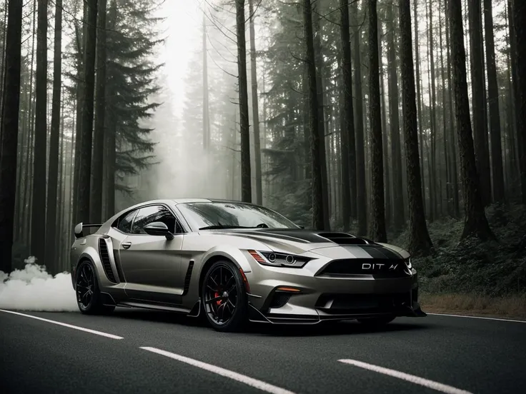 Photography, luxurious car, car, drifting in a road, drift smoke, powerful drift, muscle car, forest background, realistic, photo, 4k, professional photography, epic, intense, 4k, beautiful