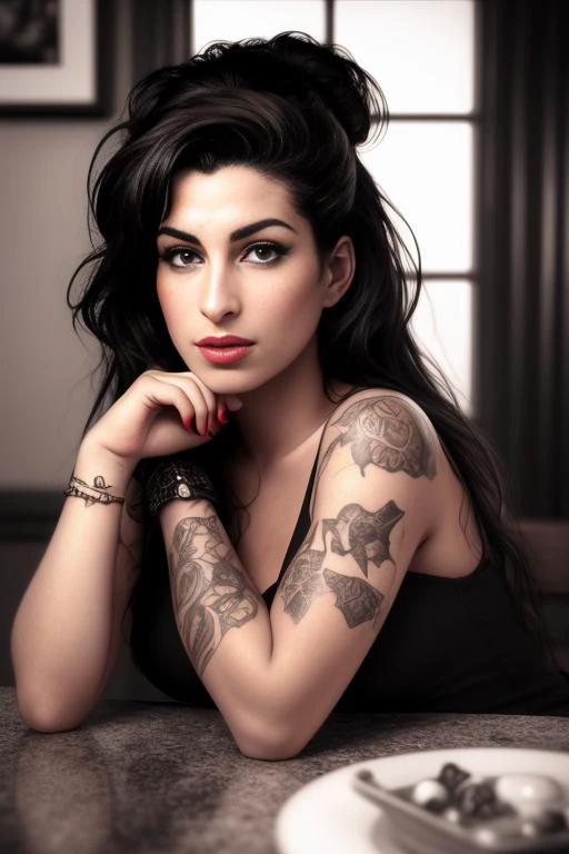 portrait of a award winning photo of Amy Winehouse, black and white, Wide Angle Lens, amercan Diner, brown eyes, looking down on table, crossed hands, perfect eyes <lora:perfecteyes:0.5>, depth of field, bokeh, high quality, white balance, kodak film, high detail, dramatic lighting, intricate background, (ultra photorealistic:1.3), (masterpiece:1.4), (cowboy shot:1.2), best quality, ((realistic)), high quality, ultra detailed, ((Real picture)), ((realistic skin)), ((realistic face)), (best quality:1.1), (illustration:1.05), (1girl:1.05), (beautiful:1.05), (beautiful detailed eyes:1.05), (cinematic light:1.1), red lips,