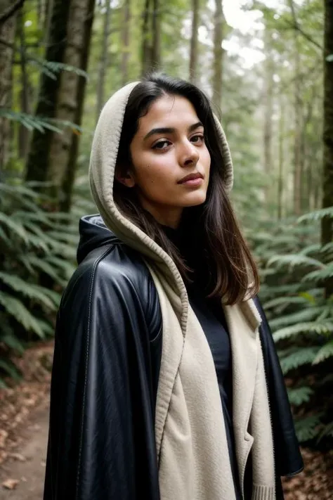 young woman, (kkw-Indian:0.6), cinematic, color grading, grain, grainy, imperfect skin, acne, depth of field, bokeh, nikon, <lora:Better Portrait Lighting:0.3>, <lora:epiCRealismHelper:0.3>, warm colors, dynamic pose, looking up, solo, upper body, detailed background, detailed face, forest ranger, light smile, dynamic pose, medieval fantasy setting, high fantasy, gray leather clothes, cape, gloves, hood, pouch, straps, enchanted forest, bushes, stones, roots, leaves, (butterflies:0.9), wildlife, (snow:0.7), dynamic light