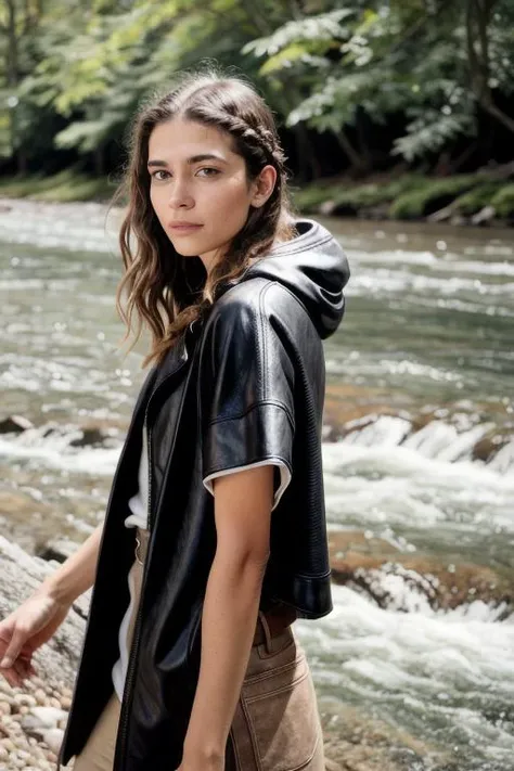 young woman with flowers braided in her hair walking by a river, (kkw-Indian:0.6), cinematic, color grading, grain, grainy, imperfect skin, acne, depth of field, bokeh, nikon, <lora:Better Portrait Lighting:0.3>, <lora:epiCRealismHelper:0.3>, warm colors, dynamic pose, looking up, solo, upper body, detailed background, detailed face, forest ranger, light smile, dynamic pose, medieval fantasy setting, high fantasy, gray leather clothes, cape, gloves, hood, pouch, straps, wildlife, (snow:0.7), dynamic light, shaman, skipping stones by a river, sharp focus, beautiful