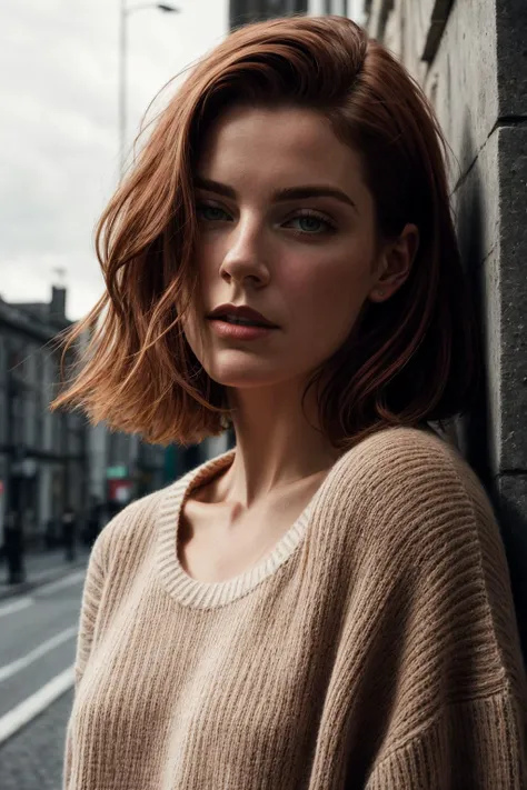 RAW photo of Muirgheal MacCarrick with sweater, red hair, Photorealistic, Hyperrealistic, Hyperdetailed, low cut, detailed skin, soft lighting, subsurface scattering, realistic, heavy shadow, masterpiece, best quality, ultra realistic, 8k, golden ratio, Intricate, High Detail, film photography, soft focus