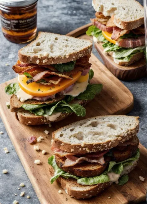 RAW photo of a BLT sandwich with extra bacon, (rustic diner background), seed bread, pepper jack cheese, (intricate details:1.12), (intricate details, hyperdetailed:1.15), photorealistic, ultra-realistic photo, 8k uhd, dslr, soft lighting, high quality, film grain, Fujifilm XT3, (masterpiece)  <lora:add_detail:1>