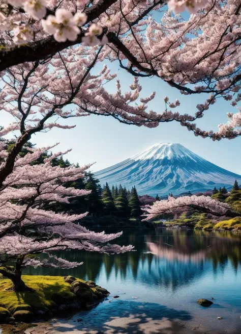 RAW photo of a Mt.fuji, cherry blossom, small details, photorealistic, ultra-realistic photo, 8k uhd, dslr, soft lighting, high quality, film grain, Fujifilm XT3, (masterpiece)  <lora:add_detail:1>