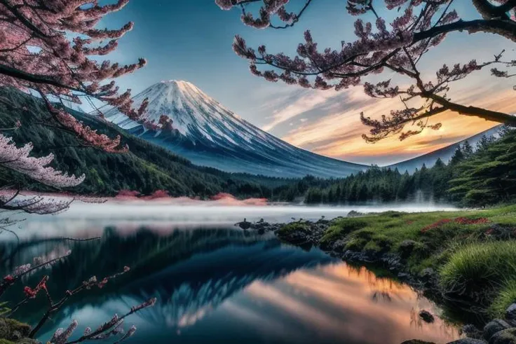 official art, RAW photo of a landscape, small details, (photorealistic:1.4), ultra-realistic photo, 8k uhd, dslr, high quality, film grain, Fujifilm XT3, (masterpiece), Mt.fuji, (red Mount Fuji:1.4), (solo:1.4), snow-capped mountain, lush green mountain slope, clouds billowing over the mountain slopes, (a lot of cherry blossom:1.1), (sunset), deep forests, several lakes, (mist drifting over the lake:1.2), milky way, twinkling stars, wide-angle, <lora:add_detail:1>