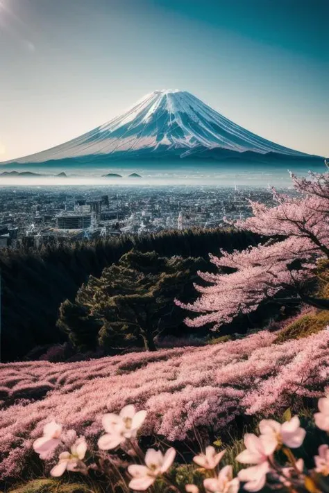 official art, RAW photo of a landscape, small details, photorealistic, ultra-realistic photo, 8k uhd, dslr, soft lighting, high quality, film grain, Fujifilm XT3, (masterpiece), Mt.fuji, cherry blossom,<lora:add_detail:1>