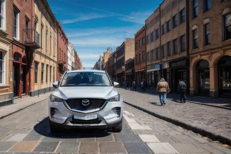 High angle front shot, blue sky, RAW photo of car, small details, photorealistic, ultra-realistic photo, 8k uhd, dslr, soft lighting, high quality, film grain, Fujifilm XT3, masterpiece, (Mazda white CX-5:1.2), on cobblestone street,  (people walking down the street:1.4), <lora:add_detail:1>