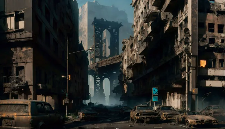 overgrown Ruin of a city scape, Mad Max, ground level, street, looted, New York skyline, post apocalyptic, skyscrapers, rusted cars, rusted bridge in the background, low fog (lots of vegetation:1.3), burning building, collapsed building, cinematic, dramatic light, architecture, blimp in sky BREAK
<lora:LowRa:0.1>, Photorealistic, Hyperrealistic, Hyperdetailed, analog style, detailed skin, matte skin, soft lighting, subsurface scattering, realistic, heavy shadow, masterpiece, best quality, ultra realistic, 8k, golden ratio, Intricate, High Detail, film photography, hyper detailed, photo - realistic maximum detail, volumetric light, moody cinematic epic concept art, realistic matte painting, hyper photorealistic