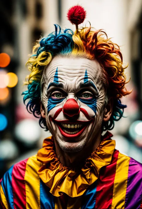 RAW photo of a crazy clown, small details, photorealistic, ultra-realistic photo, 8k uhd, dslr, soft lighting, high quality, film grain, Fujifilm XT3, (masterpiece), <lora:Add_Detail:1>