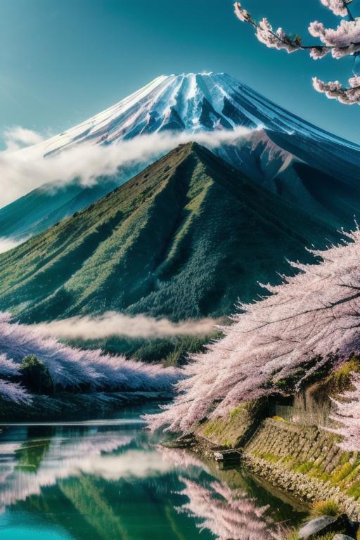 A view of a mountain with a lake and cherry trees - SeaArt AI