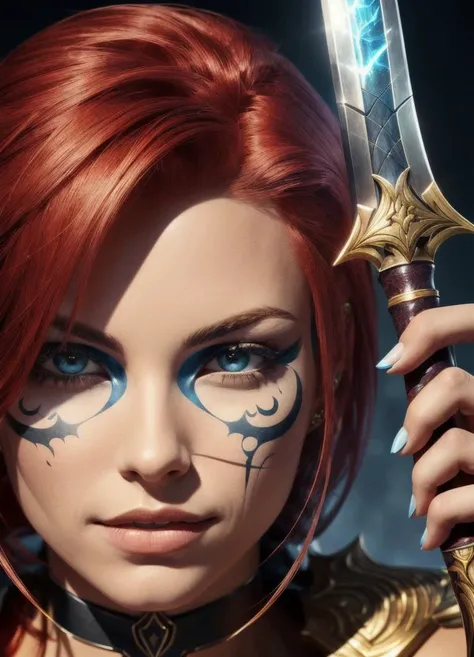 Woman with red hair, holding a sword, fantastic world, close-up portrait, goddess skull, (Senna from League of Legends:1.1) <lora:add_detail:1>