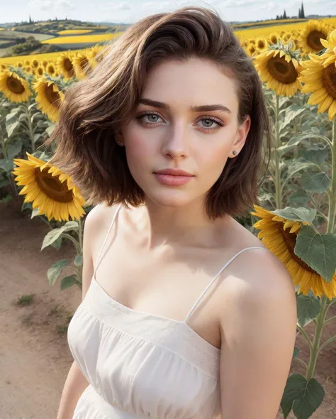 (style of Lachlan Bailey), gorgeous 24yo feminine supermodel standing in a sunflower field in Tuscany, romantic summer dress, vibrant yellow flowers, joyful mood, wide open sky, late afternoon sun , fcDetailPortrait intimate, 24 years old, (young adult irish woman:1.15), short bob hair, thin upper lip, pouting lower lip, thin brows, small upturned nose, large expressive almond shaped eyes,