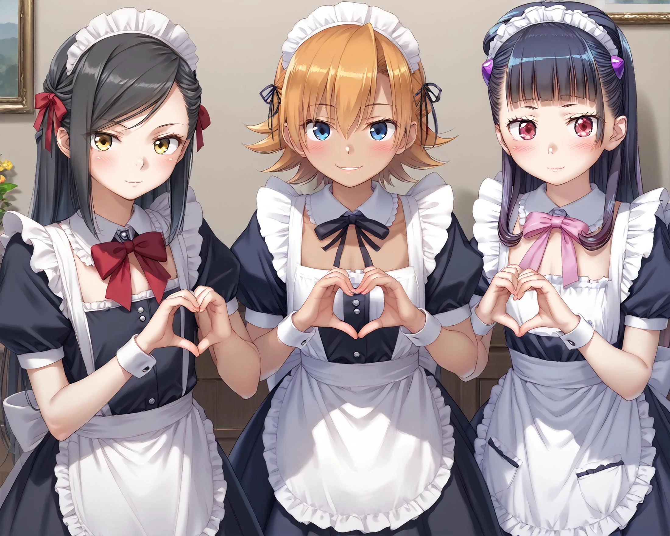 score_9, score_8_up, anime, hentai, beautiful 3girls, multiple girls, standing, all girls are same height, (heart hands pose each:1.4), female, littl, (extreme-flat chest:1.6), (slim, slender, toned body), cowboy shot, childish 5fingers, looking at viewer,
(maid uniform, all women are wearing same clothes, frilled dress:1.4), (frilled collar, bow knot, frilled maid ornament, frilled apron, white wrist cuff),
(amazing intricate detail, ultra resolution, 16K), (OverallDetail, HairDetail, fHandDetail, EyeDetail), BREAK,
(Annerose:1.6), 1girl, mature female, (black hair:1.4), long hair, yellow eyes, (long eyelash:1.2),
expressonless, (cold look, contempt eyes:1.2), BREAK,
(IgawaSakura:1.6), 1girl, mature female, orange hair, short hair, flipped hair, blue eyes, (long eyelash:1.2),
expressive, (gyaru, toothy smile, evil smile:1.2), BREAK,
(yatsu murasaki:1.6), 1girl, mature female, red eyes, blue hair, long hair, bangs, (long eyelash:1.2),
expressive, (sneer expression, seductive smile, nihilistic face:1.2), BREAK,
<lora:Annerose3216XL:0.4>, <lora:IgawaSakuraXL_3224:0.4>, <lora:YatsuMurasakiXL3216:0.4>,
