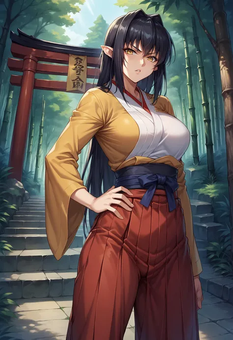 score_9, score_8_up, score_7_up, source_anime, 1girl, solo, looking at viewer, Annerose, pointy ears, black hair, long hair, (samurai:1.2), japanese clothes, hakama, outdoors, stairs, stone stairs, tree, (forest), nature, bamboo forest, contrapposto, legs apart, standing, head tilt, yellow eyes, hakama skirt, jacket, (haori), torii, scenery, cowboy shot, hand on own hip, arm at side, serious, parted lips