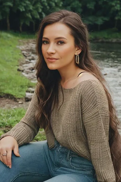 (((Head Portrait))), ((wearing sweater and distressed jeans)), (((in the country modeling near a river))), ((sitting on a bench next to the river)), ((legs crossed)), extremely intricate, High Detail, Sharp focus, dramatic, soft cinematic light, (looking at viewer), (detailed pupils), smiling, 24mm, photo lab, elegant, insane details, 
hyperdetailed, low contrast, epiCRealism, <lora:Allison_Stokke:0.85> allison stokke