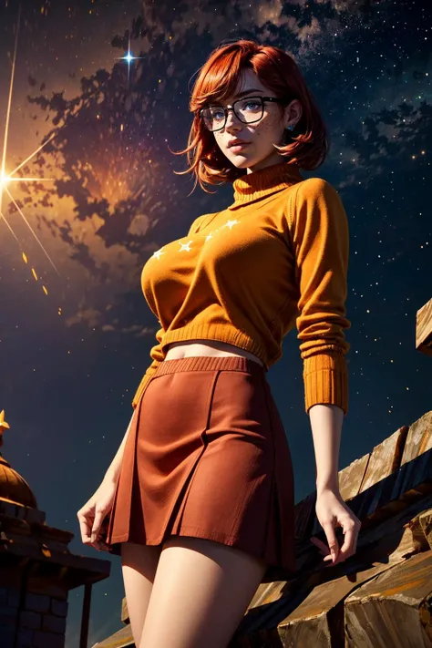 (ultra realistic,32k, masterpiece:1.2),(high detailed skin:1.1),( high quality:1.1),
<lora:VELMA-V2:0.8>(depressed:1.1),rectangular glasses,freckles,red hair,sweater, orange sweater, skirt, red skirt, brown hair, orange socks, socks, shoes, starfall sanctuary, celestial realm, shimmering constellations, ethereal beauty blurry background,(looking at viewer, standing,:1.1),, (huge breast,large breast:1.1),<lora:add_detail:0.89>,
(backlight:1.1),