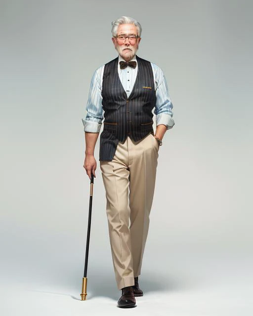 (award-winning full-body painting) of (old man) depicts (wrinkles and age spots) on (pale blue skin), (thick white hair) with (black spots), (brown eyes) with (tiny red veins), (black glasses) on (nose), (white shirt) with (grayish-blue stripes), (beige trousers), (black leather shoes) with (silver buckles), (gold watch) on (wrist), (silver wedding ring) on (finger), (ivory-colored walking cane) with (brown handle)
<lora:epiNoiseoffset_v2:1>