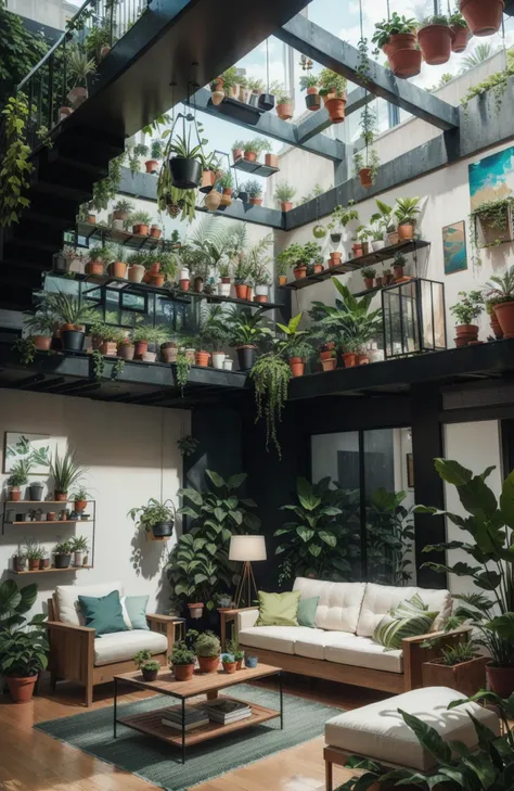 A hyper-realistic 3D rendering of a spacious and modern living room with a floor-to-ceiling green wall, featuring a mix of hanging plants, potted plants, and climbing vines. (Contemporary:1.3), (Highly detailed:1.2), (Natural light:1.2), (Botanical:1.4), art inspired by Livingetc, Elle Decor, and Architectural Digest
 <lora:epiNoiseoffset_v2:1>